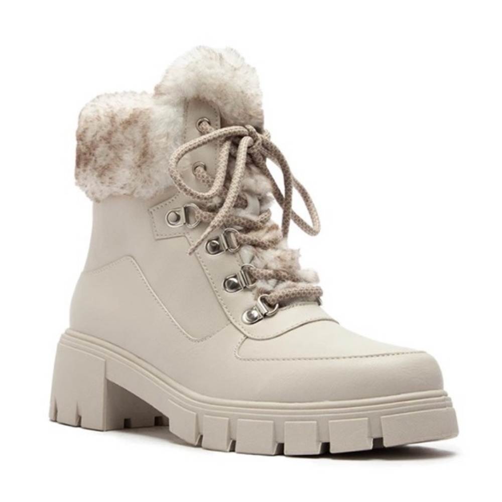 Black Lace-up Combat boot with faux fur ankle cuff - Picture 12 of 13